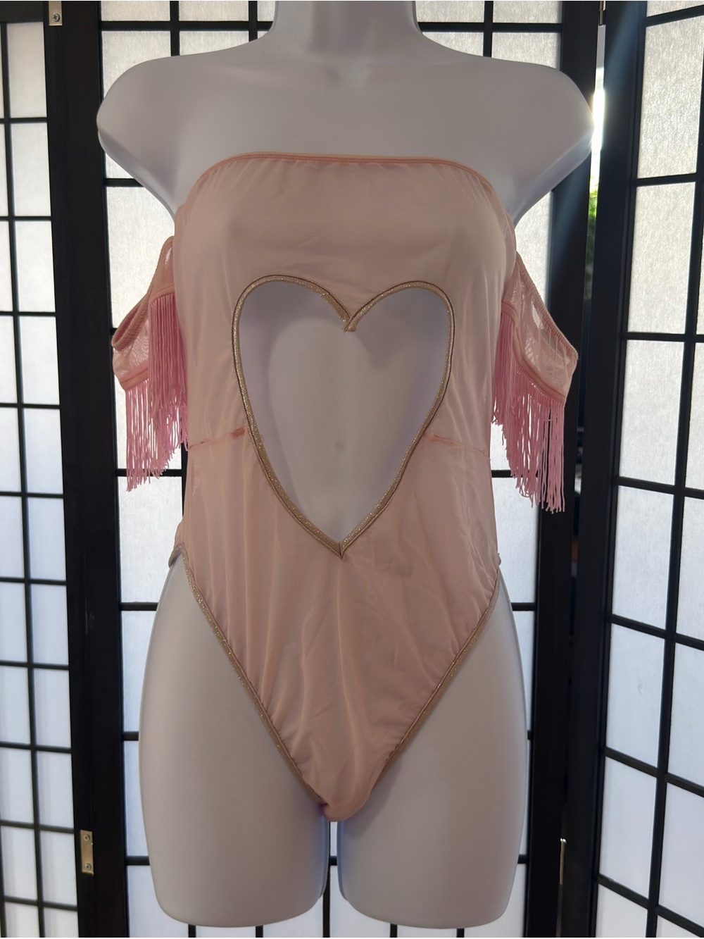 Pink Heart Cutout Fringe Bodysuit
